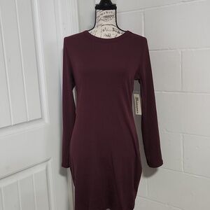 Long Sleeve Plum Crewneck Ribbed Knit Dress By No Boundaries